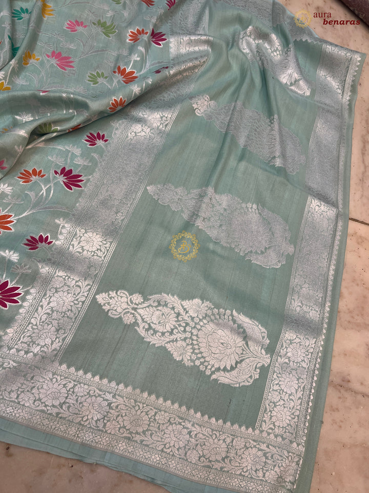 Sea Green Banarasi Handloom Pure Tussar Georgette Saree - Aura Benaras