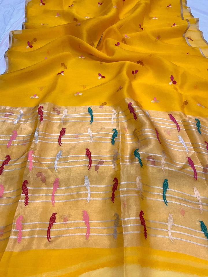 Yellow Pure Kora Silk Handloom Banarasi Saree
