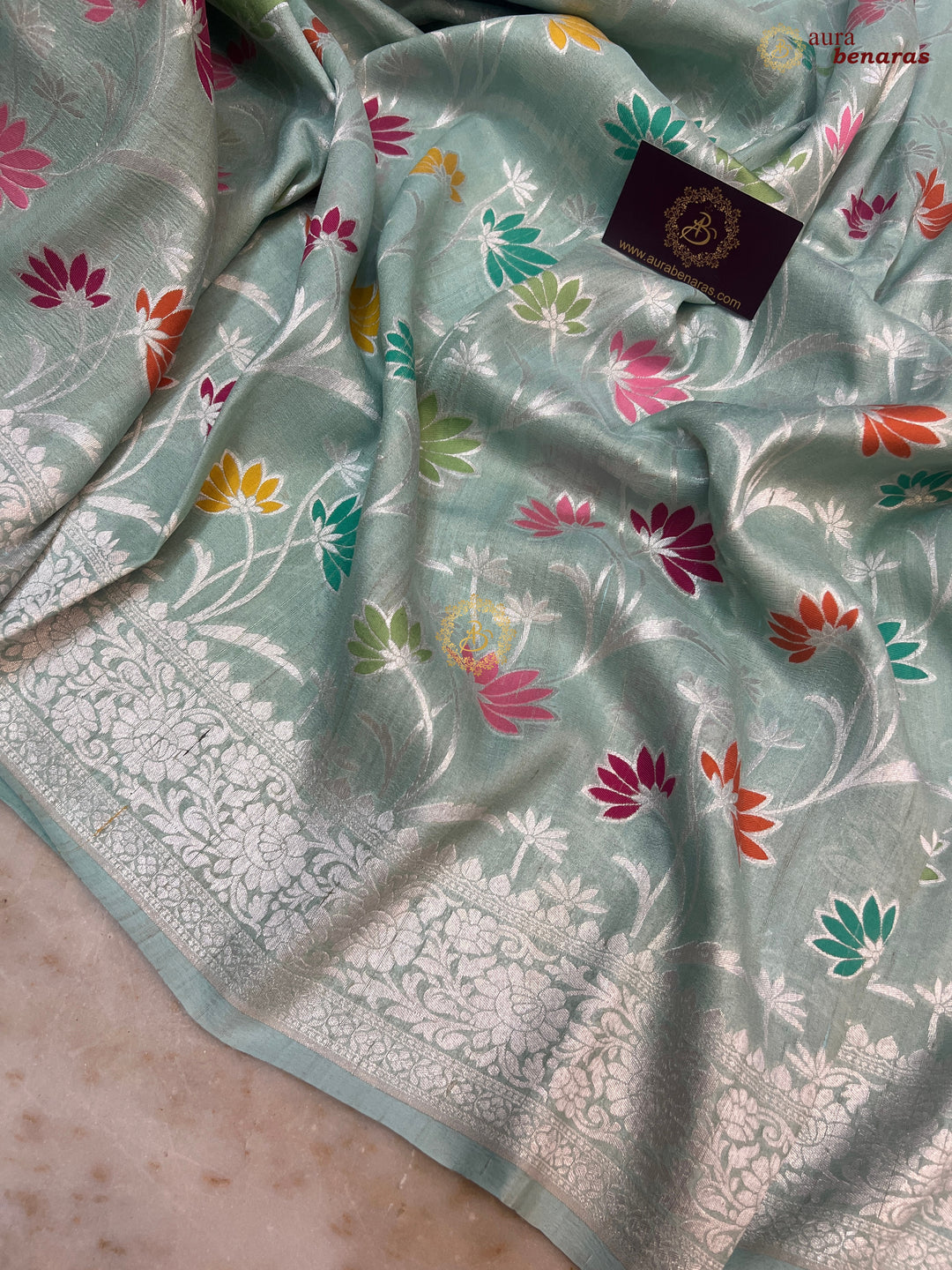 Sea Green Banarasi Handloom Pure Tussar Georgette Saree - Aura Benaras