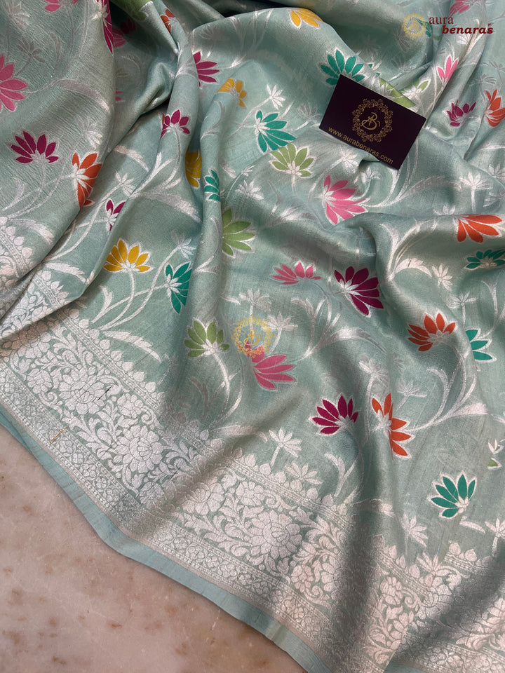 Sea Green Banarasi Handloom Pure Tussar Georgette Saree - Aura Benaras