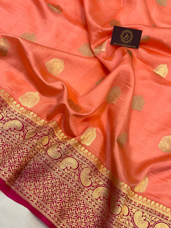 Peach Pure Banarasi Handloom Silk Saree - Aura Benaras