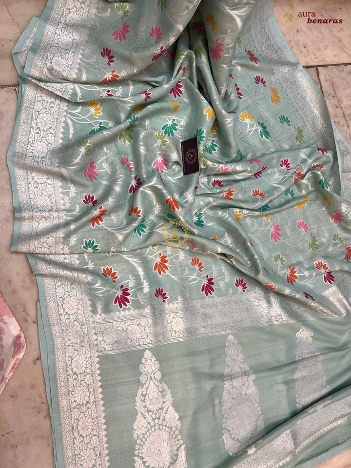 Sea Green Banarasi Handloom Pure Tussar Georgette Saree - Aura Benaras