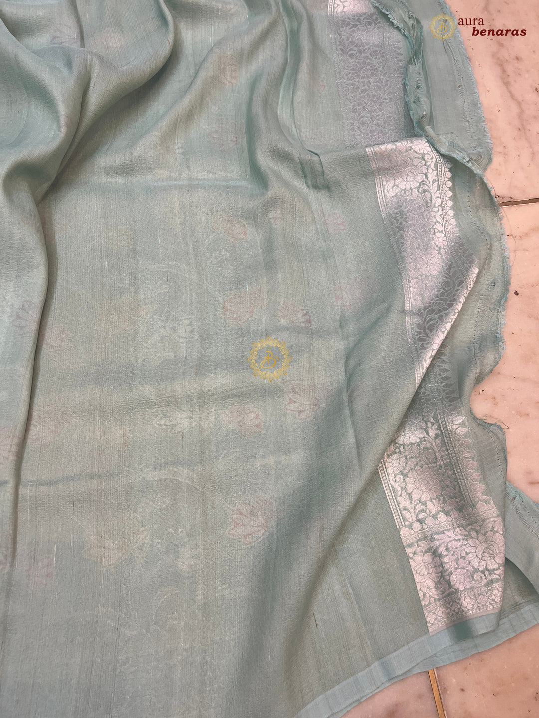 Sea Green Banarasi Handloom Pure Tussar Georgette Saree - Aura Benaras