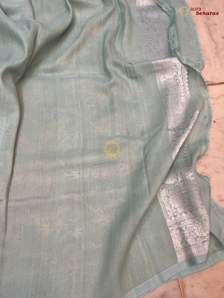 Sea Green Banarasi Handloom Pure Tussar Georgette Saree - Aura Benaras