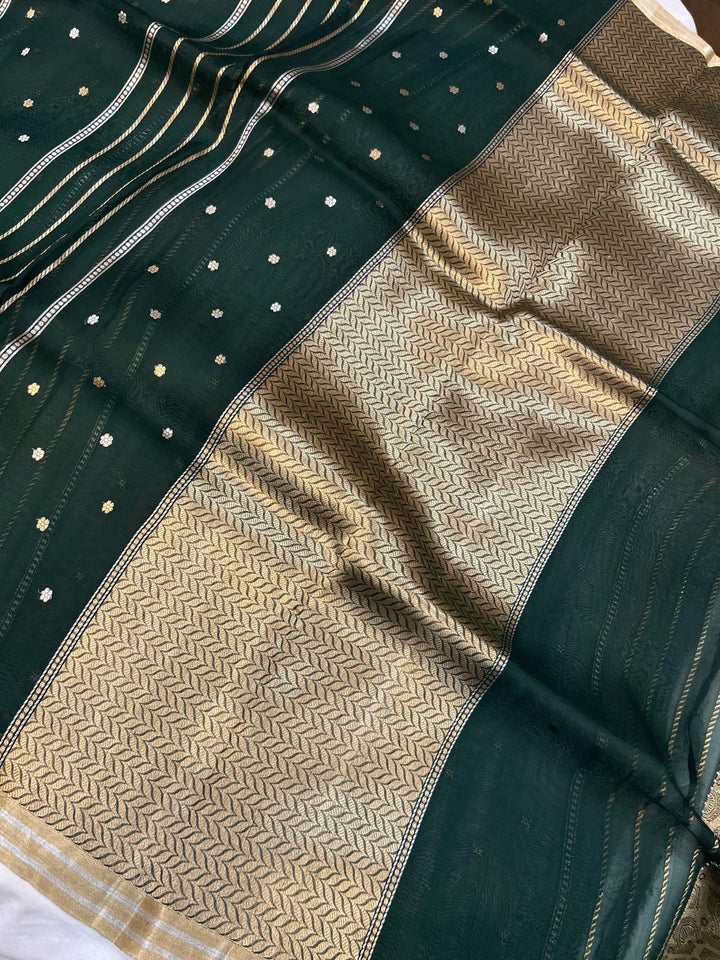 Bottle Green Banarasi Handloom Kora Silk Saree - Aura Benaras