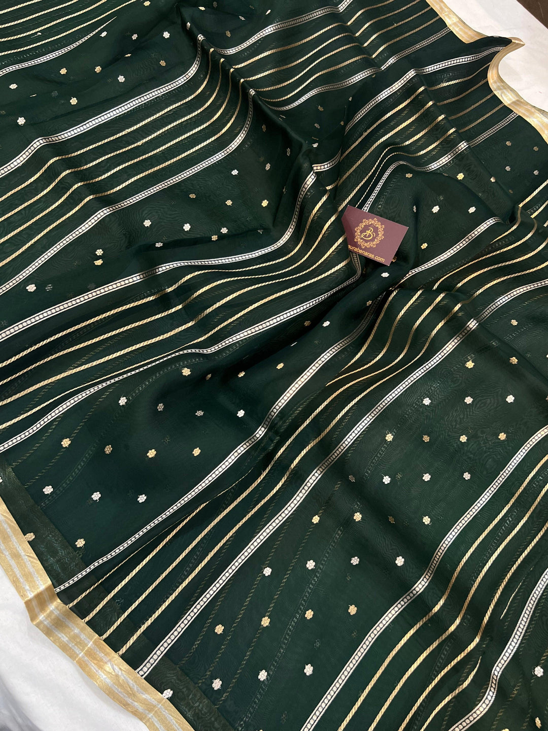 Bottle Green Banarasi Handloom Kora Silk Saree - Aura Benaras