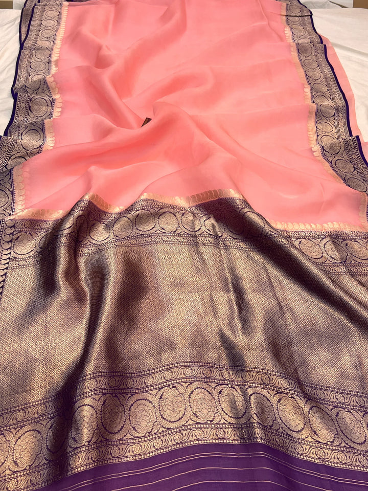 Baby Pink Pure Kora Silk Handloom Banarasi Saree