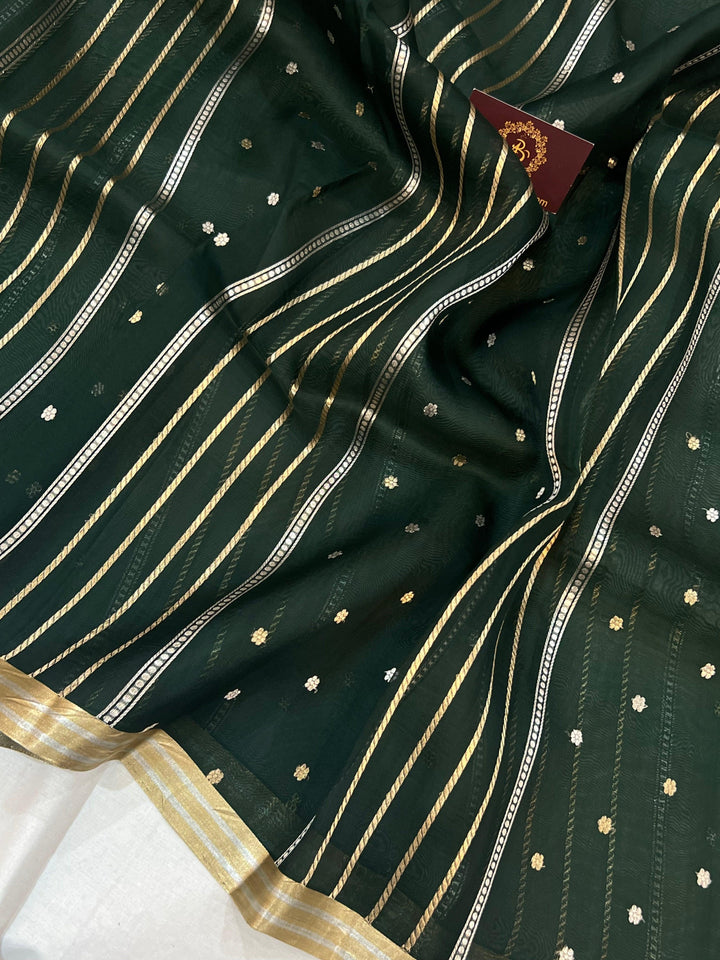 Bottle Green Banarasi Handloom Kora Silk Saree - Aura Benaras