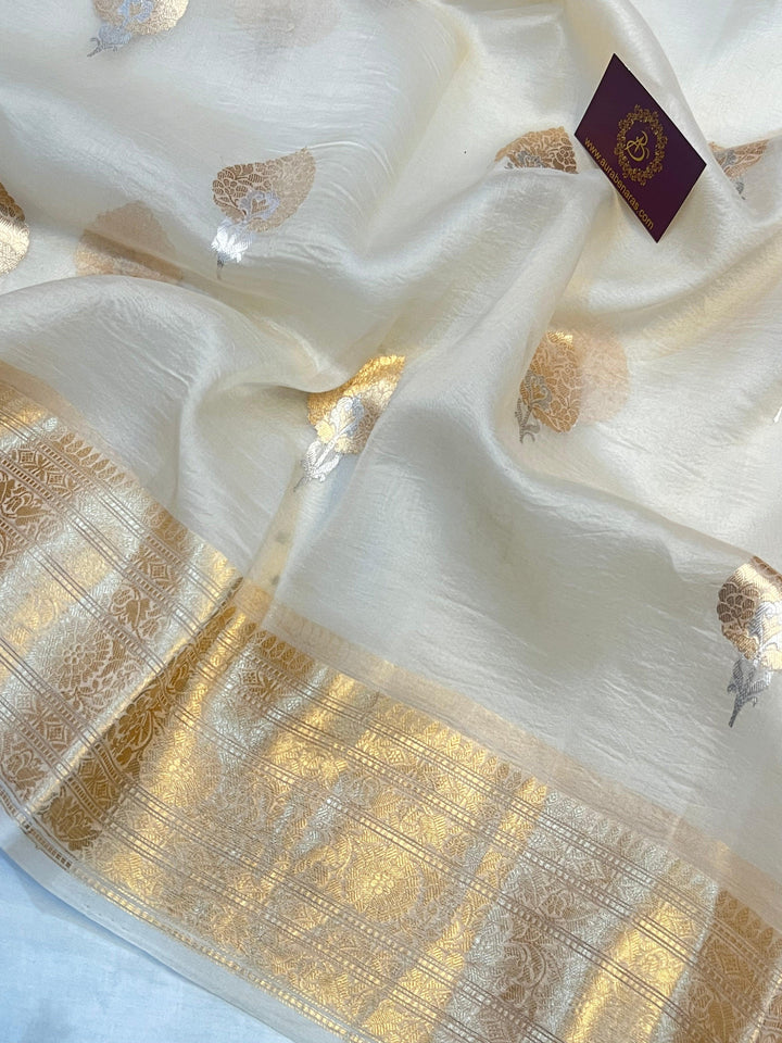 Cream Pure Banarasi Handloom Kora Silk Saree - Aura Benaras