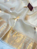 Cream Pure Banarasi Handloom Kora Silk Saree - Aura Benaras