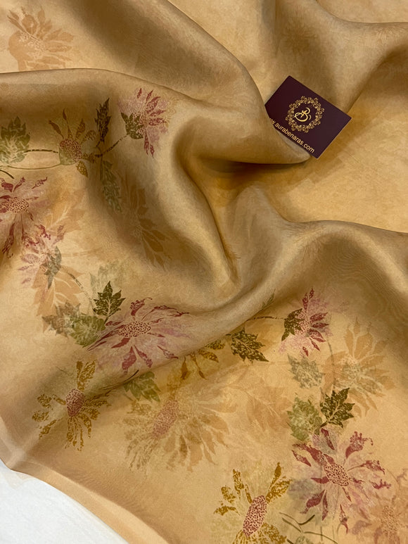 Pure Banarasi handloom Kora silk saree by Aura Benaras featuring floral digital print, designer borderless design, and a matching Chiniya silk blouse piece—perfect for festive and elegant occasions.