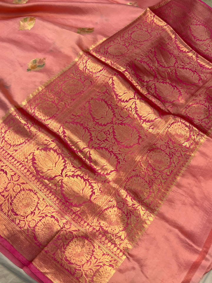 Strawberry Pink Banarasi Handloom Kora Silk Saree - Aura Benaras