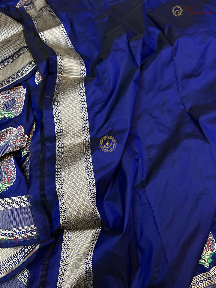 Royal Blue Pure Katan Silk Handloom Saree | Aura Benaras