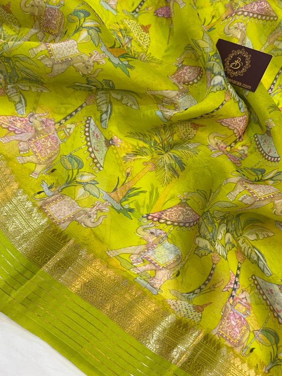 Parrot Green Banarasi Handloom Kora Silk Saree - Aura Benaras