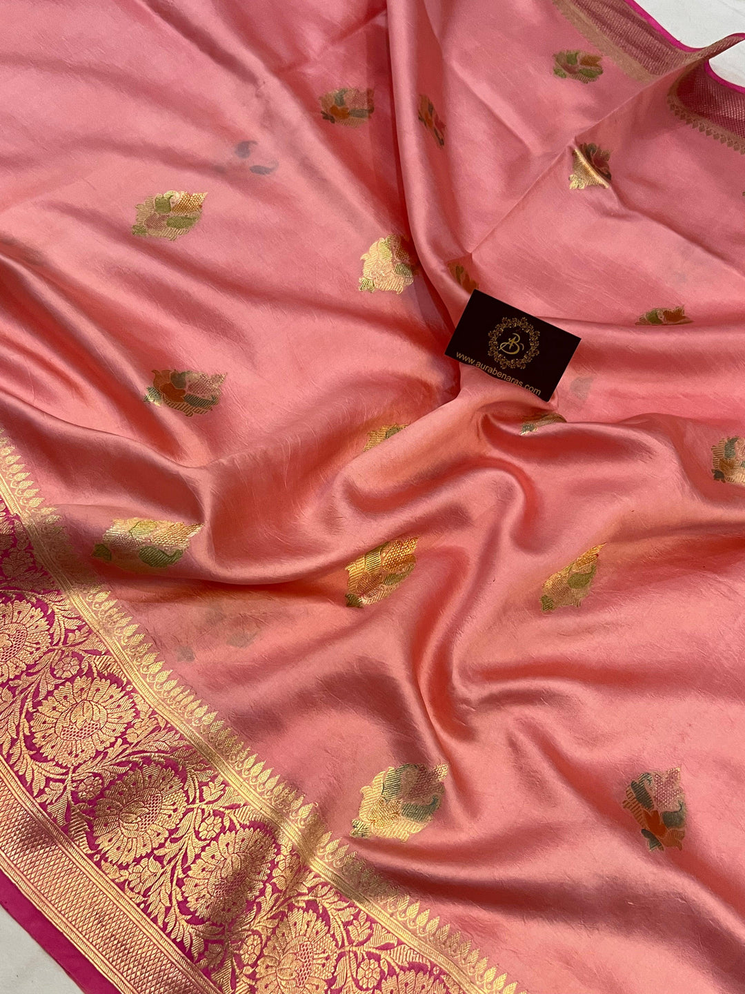 Strawberry Pink Banarasi Handloom Kora Silk Saree - Aura Benaras