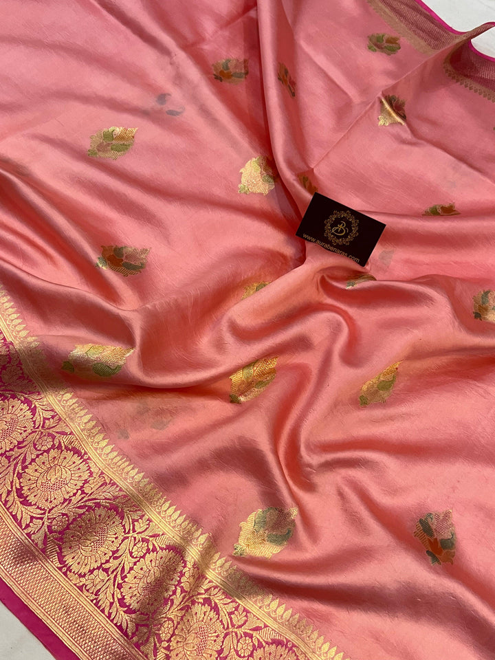 Strawberry Pink Banarasi Handloom Kora Silk Saree - Aura Benaras