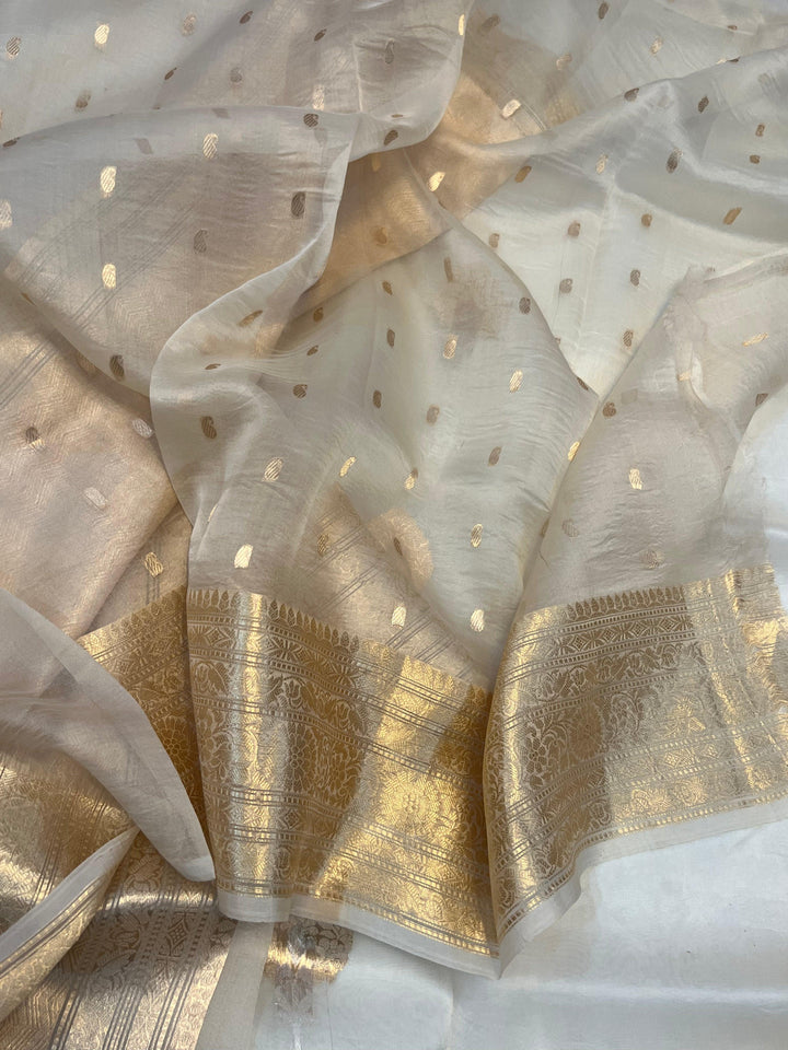 Cream Pure Banarasi Handloom Kora Silk Saree - Aura Benaras