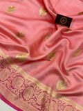 Strawberry Pink Banarasi Handloom Kora Silk Saree - Aura Benaras