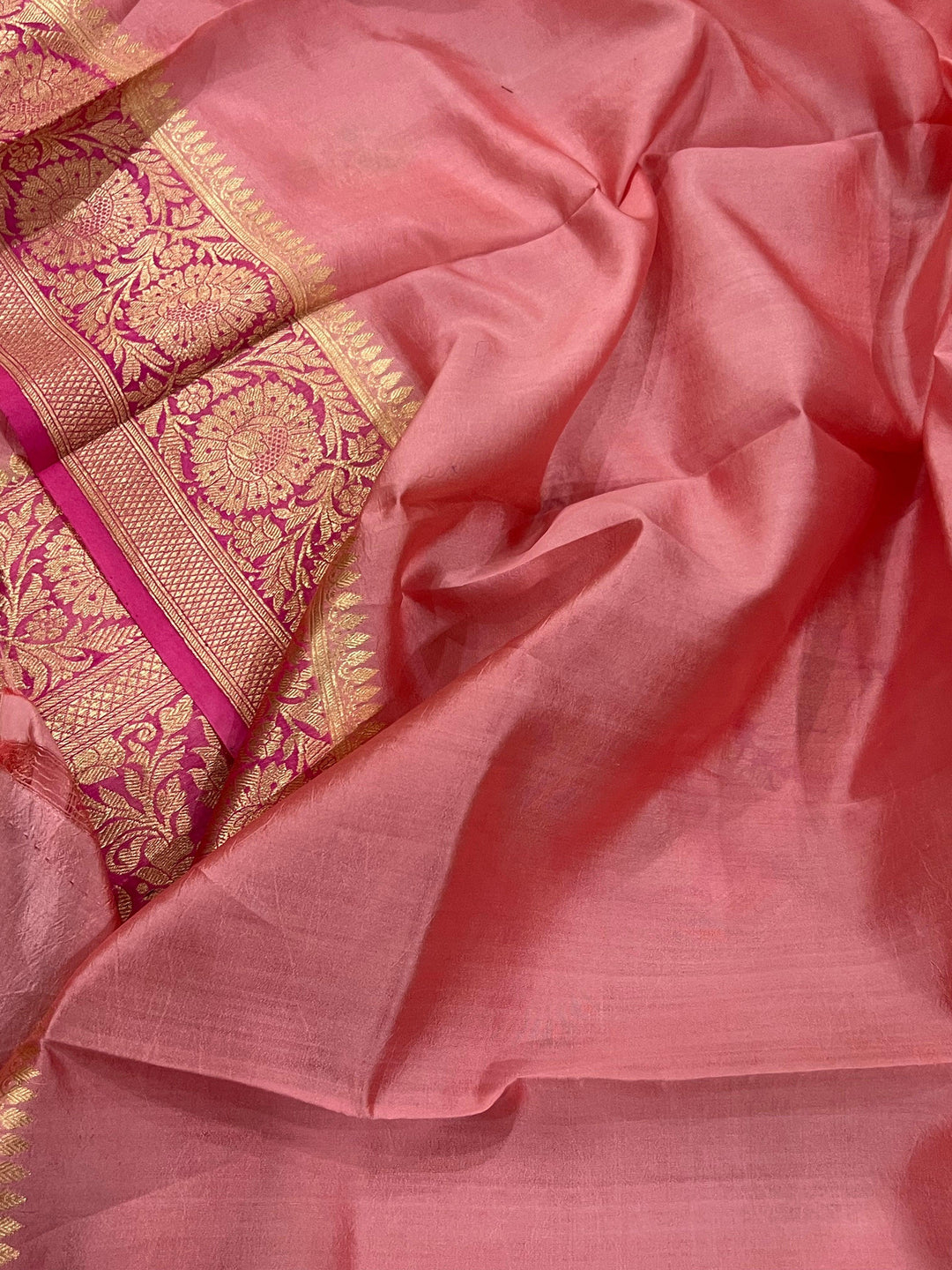 Strawberry Pink Banarasi Handloom Kora Silk Saree - Aura Benaras