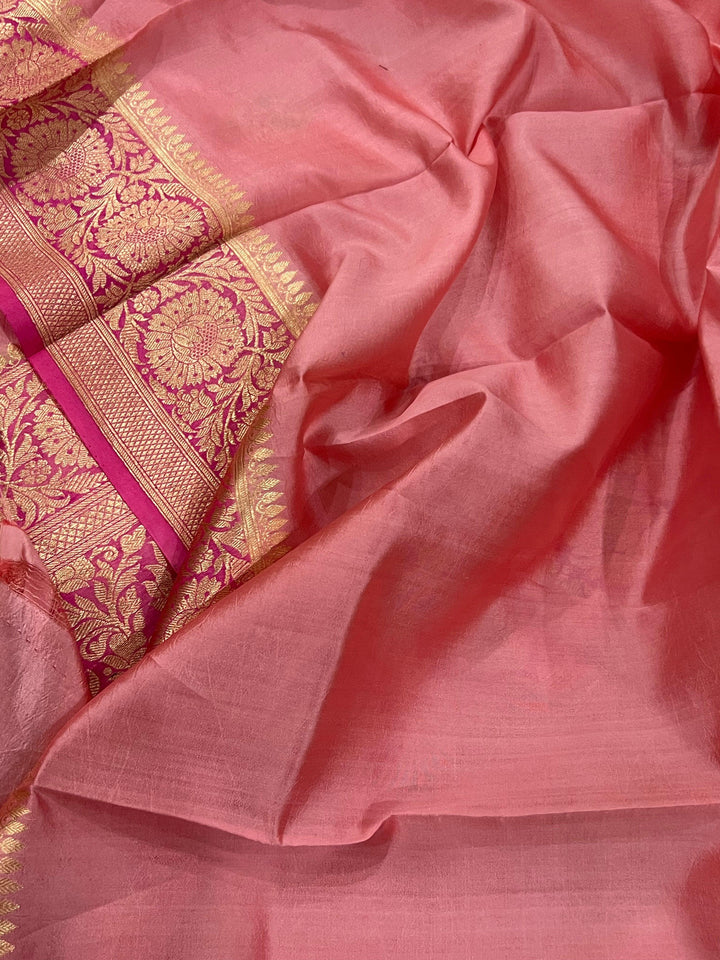 Strawberry Pink Banarasi Handloom Kora Silk Saree - Aura Benaras