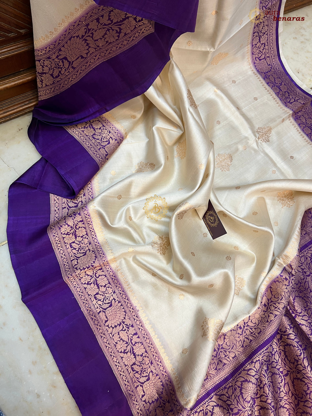 Buy Cream Pure Silk Banarasi Saree – Silver Zari & Mashru Border 