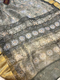 Light Grey Banarasi Handloom Kora Silk Saree - Aura Benaras