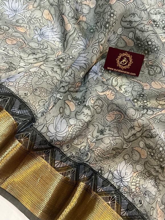 Light Grey Banarasi Handloom Kora Silk Saree - Aura Benaras