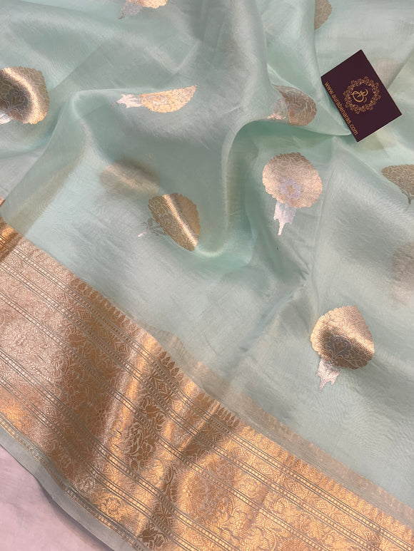 Pani Sea Green Pure Banarasi Handloom Kora Silk Saree - Aura Benaras