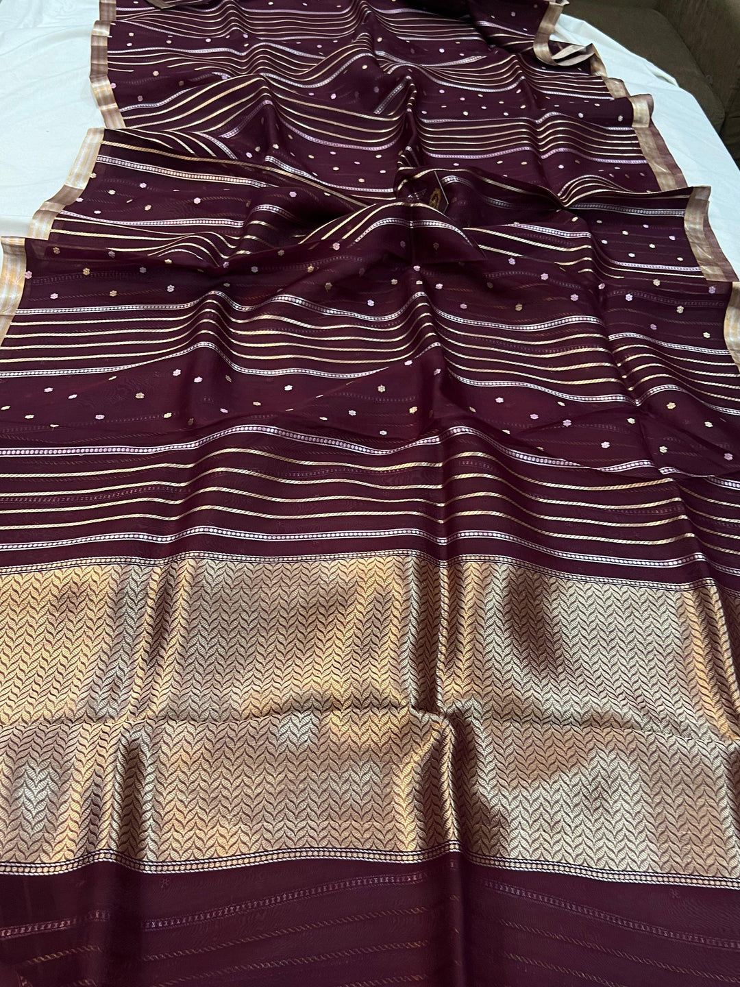 Deep Maroon Banarasi Handloom Kora Silk Saree - Aura Benaras