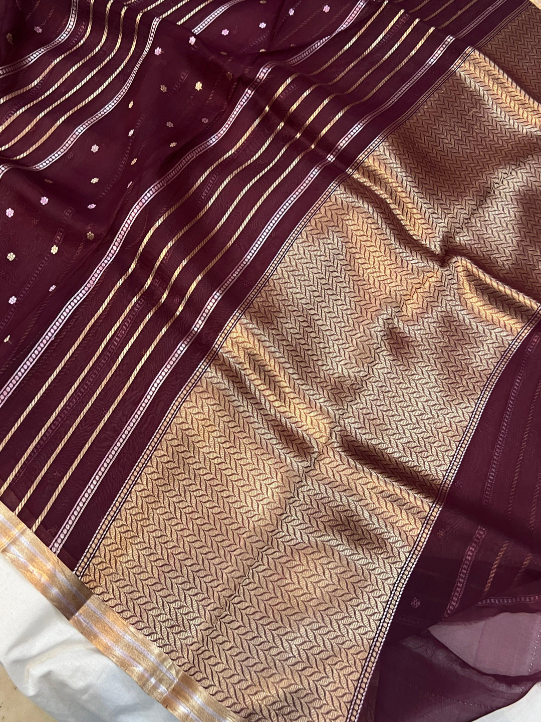 Deep Maroon Banarasi Handloom Kora Silk Saree - Aura Benaras
