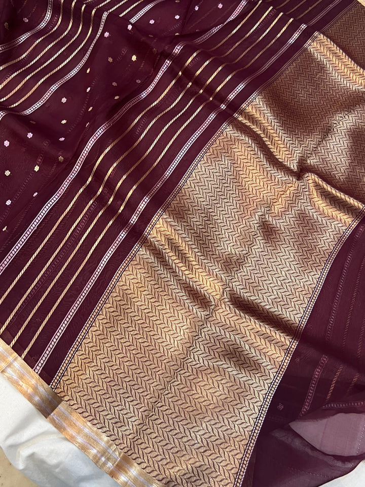 Deep Maroon Banarasi Handloom Kora Silk Saree - Aura Benaras