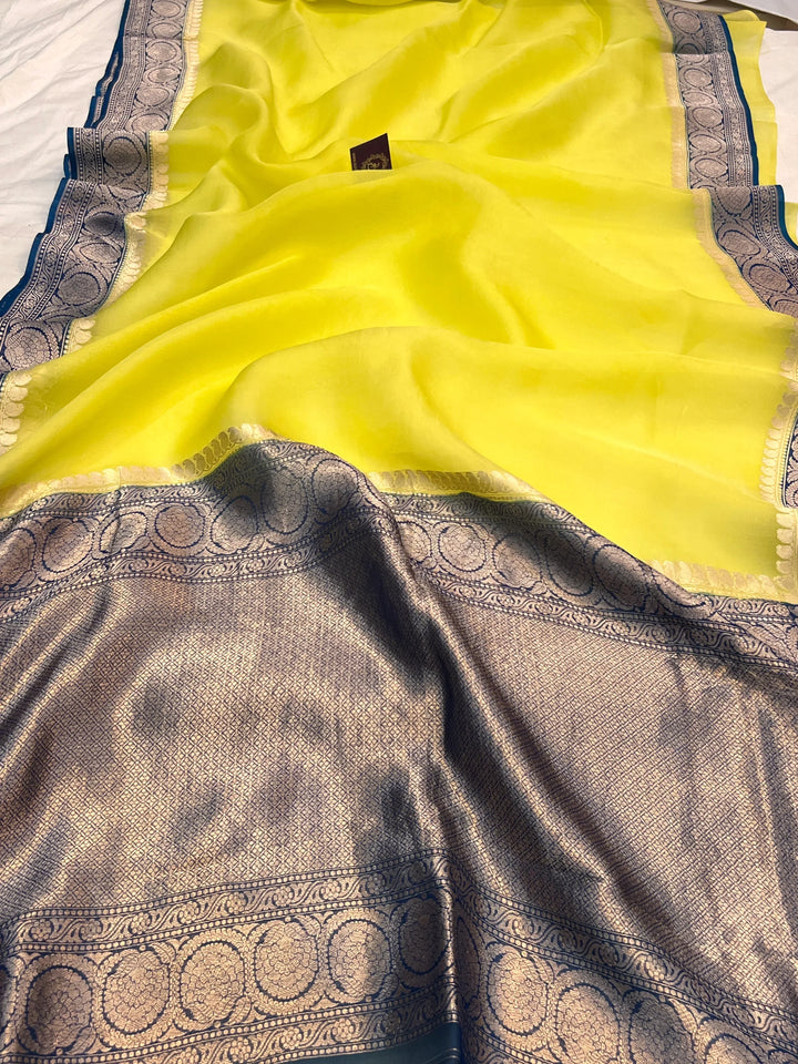 Lemon Yellow Pure Kora Silk Handloom Banarasi Saree