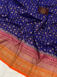 Royal Blue Banarasi Handloom Pure Khaddi Georgette Saree - Aura Benaras