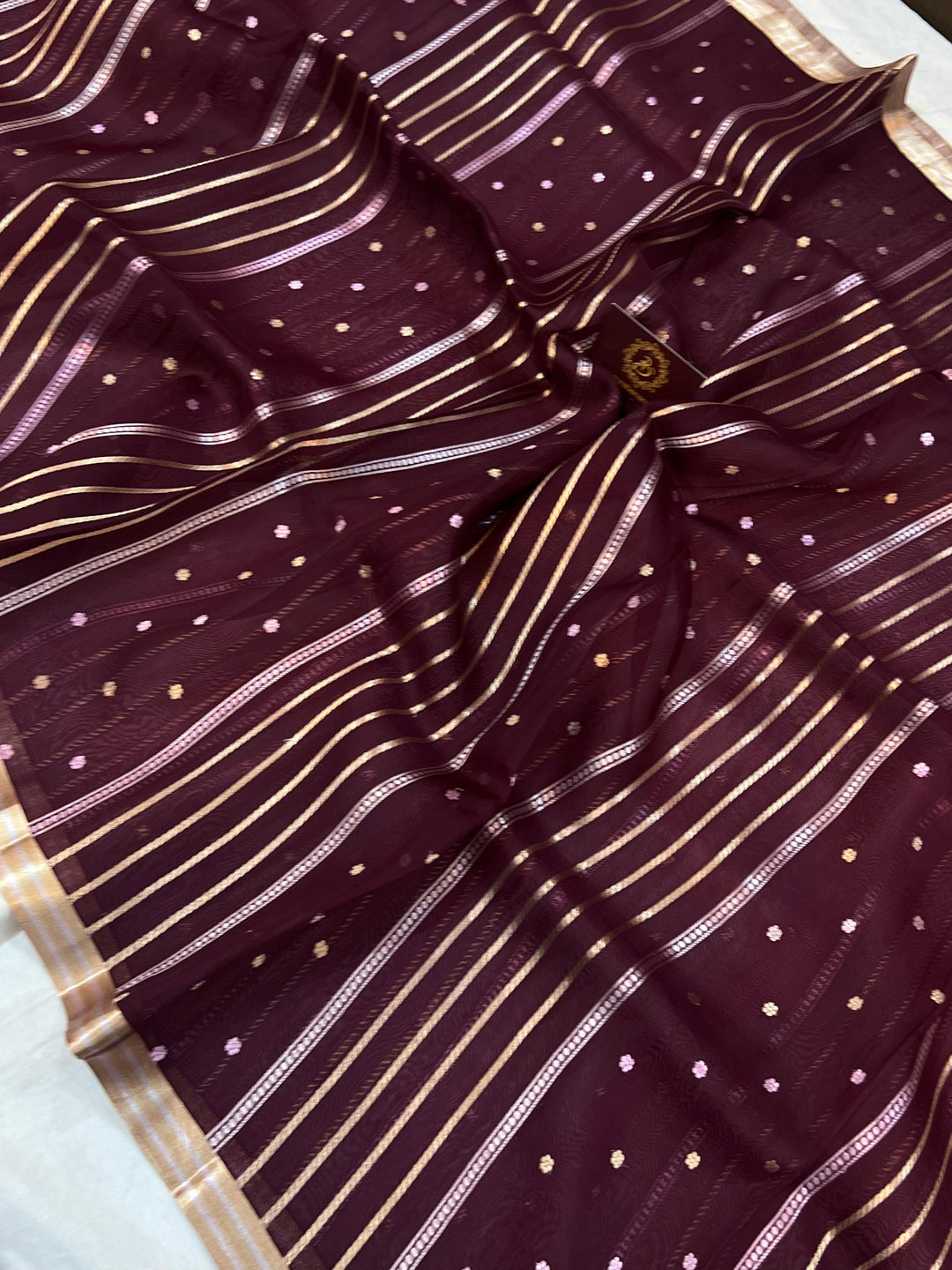 Deep Maroon Banarasi Handloom Kora Silk Saree - Aura Benaras