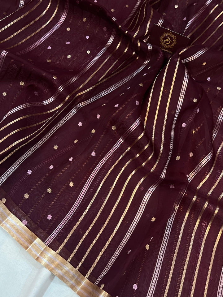 Deep Maroon Banarasi Handloom Kora Silk Saree - Aura Benaras