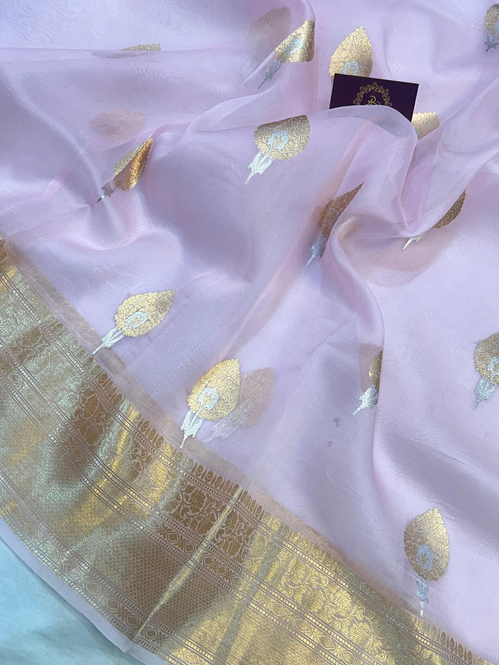 Pani Pink Pure Banarasi Handloom Kora Silk Saree - Aura Benaras