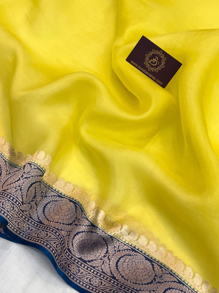 Lemon Yellow Pure Kora Silk Handloom Banarasi Saree