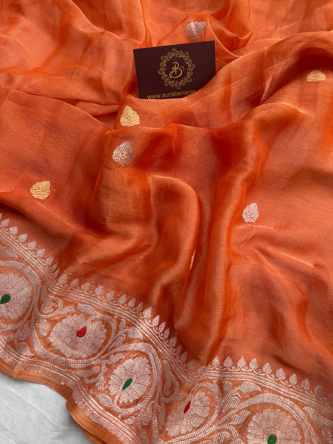 Burnt Orange Chiffon Tissue Silk Banarasi Saree with Sona Rupa
