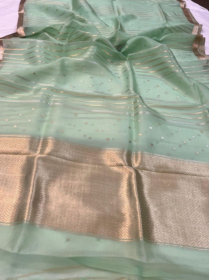 Pista Green Banarasi Handloom Kora Silk Saree - Aura Benaras