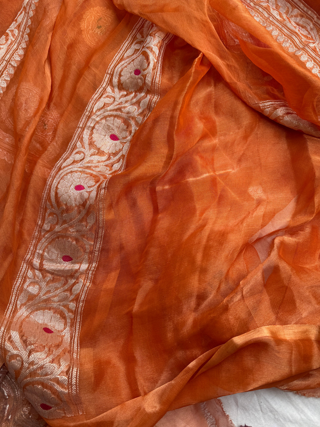 Burnt Orange Chiffon Tissue Silk Banarasi Saree with Sona Rupa