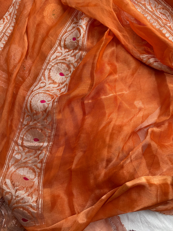 Burnt Orange Chiffon Tissue Silk Banarasi Saree with Sona Rupa