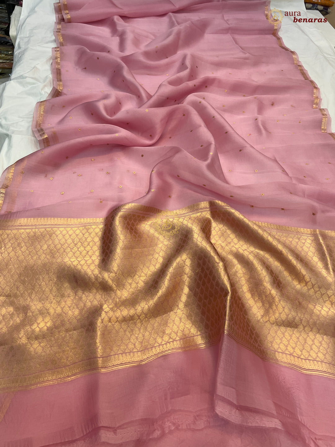 Peach Kora Silk Banarasi Saree with Zari Butis 