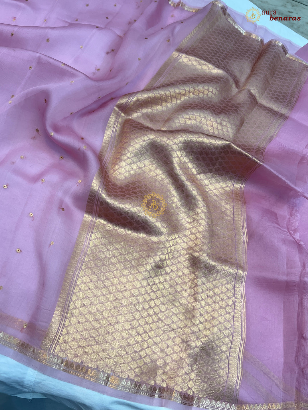 Peach Kora Silk Banarasi Saree with Zari Butis 