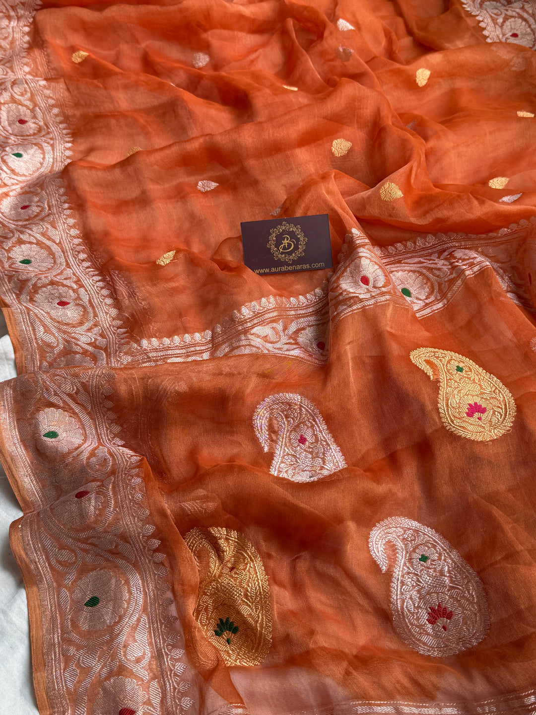 Burnt Orange Chiffon Tissue Silk Banarasi Saree with Sona Rupa