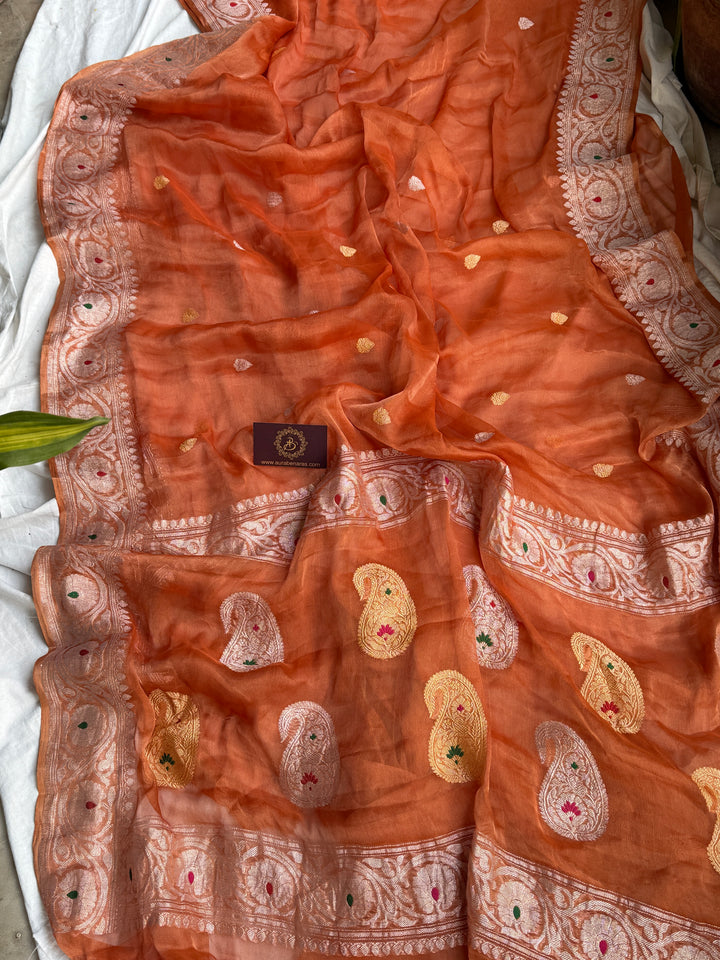 Burnt Orange Chiffon Tissue Silk Banarasi Saree with Sona Rupa
