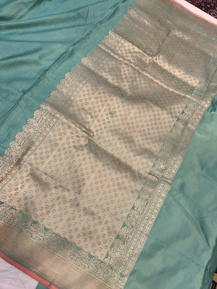 Greyish Green Pure Banarasi Handloom Katan Satin Silk Saree - Aura Benaras