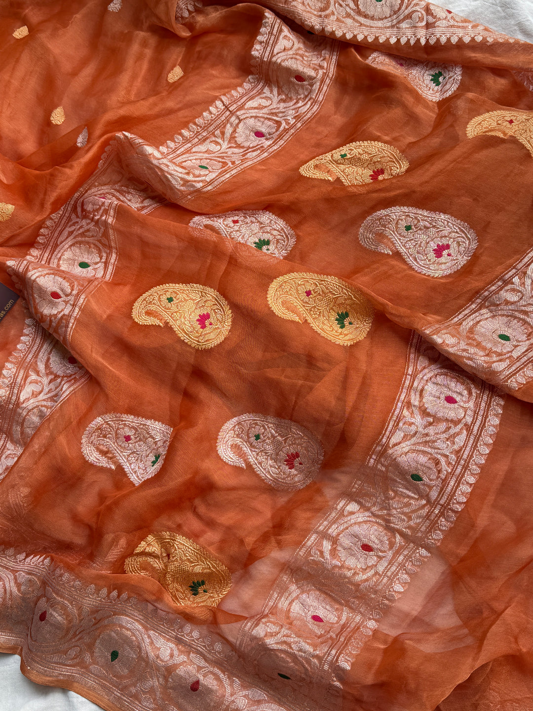 Burnt Orange Chiffon Tissue Silk Banarasi Saree with Sona Rupa