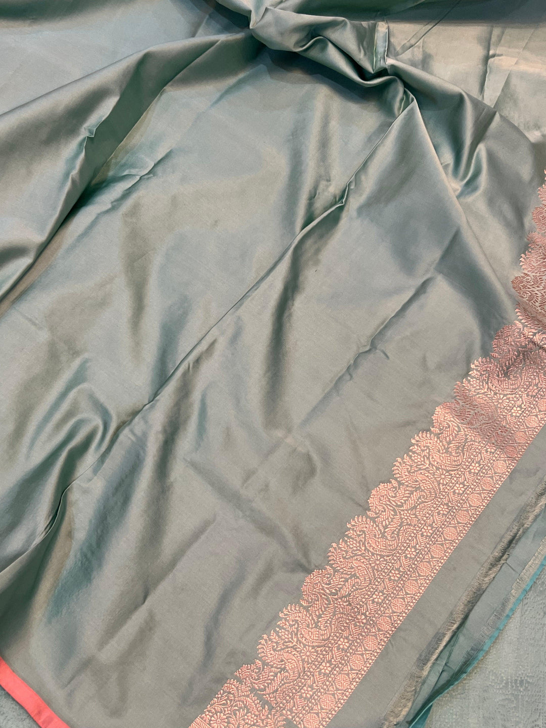 Greyish Green Pure Banarasi Handloom Katan Satin Silk Saree - Aura Benaras