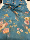 Pure Banarasi handloom Kora silk saree by Aura Benaras featuring floral digital print, designer borderless design, and a matching Chiniya silk blouse piece—perfect for festive and elegant occasions.