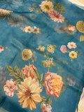 Pure Banarasi handloom Kora silk saree by Aura Benaras featuring floral digital print, designer borderless design, and a matching Chiniya silk blouse piece—perfect for festive and elegant occasions.
